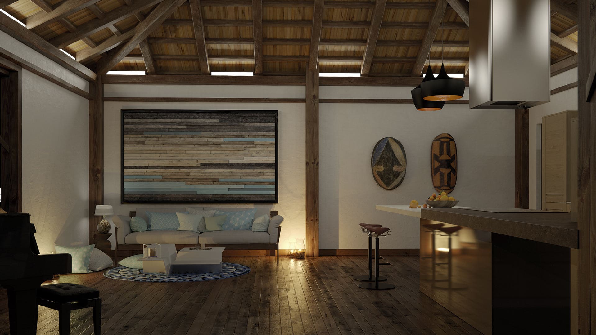 Sofisticado y acogedor salón comedor de estilo rústico con elementos en madera y una suave iluminación