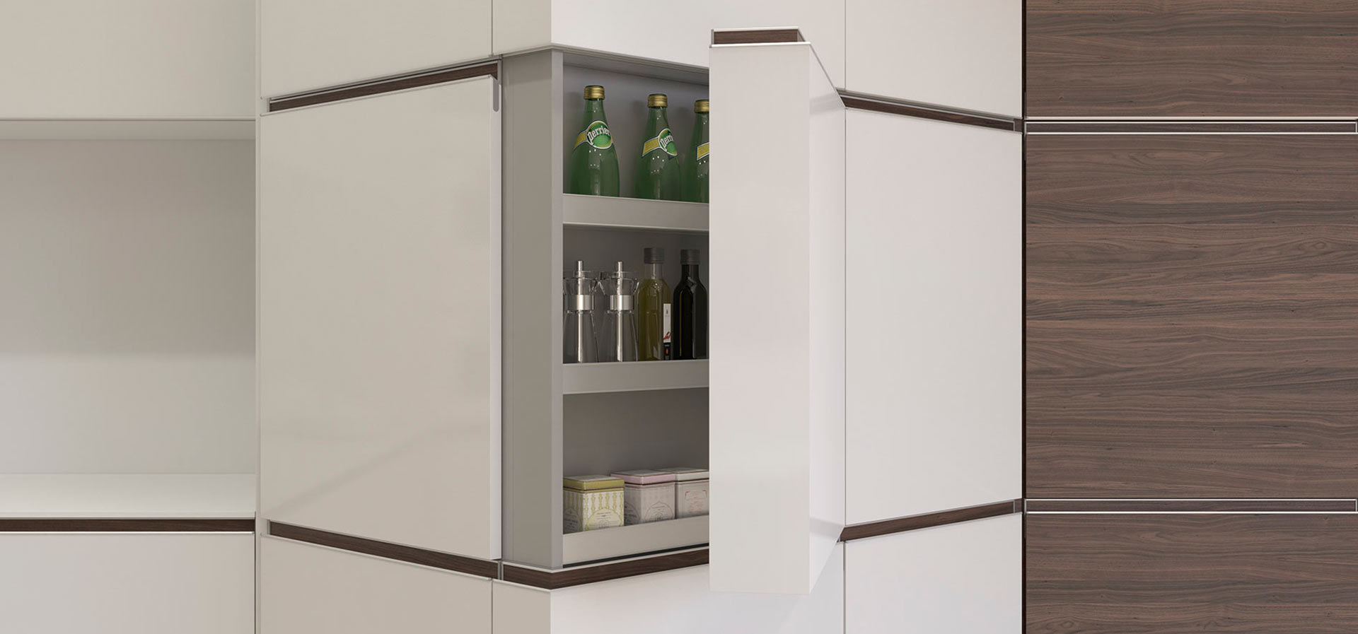 Mueble blanco de diseño para la cocina geometría con puerta abierta dejando observar botellas de vidrio y pequeñas cajas en su interior