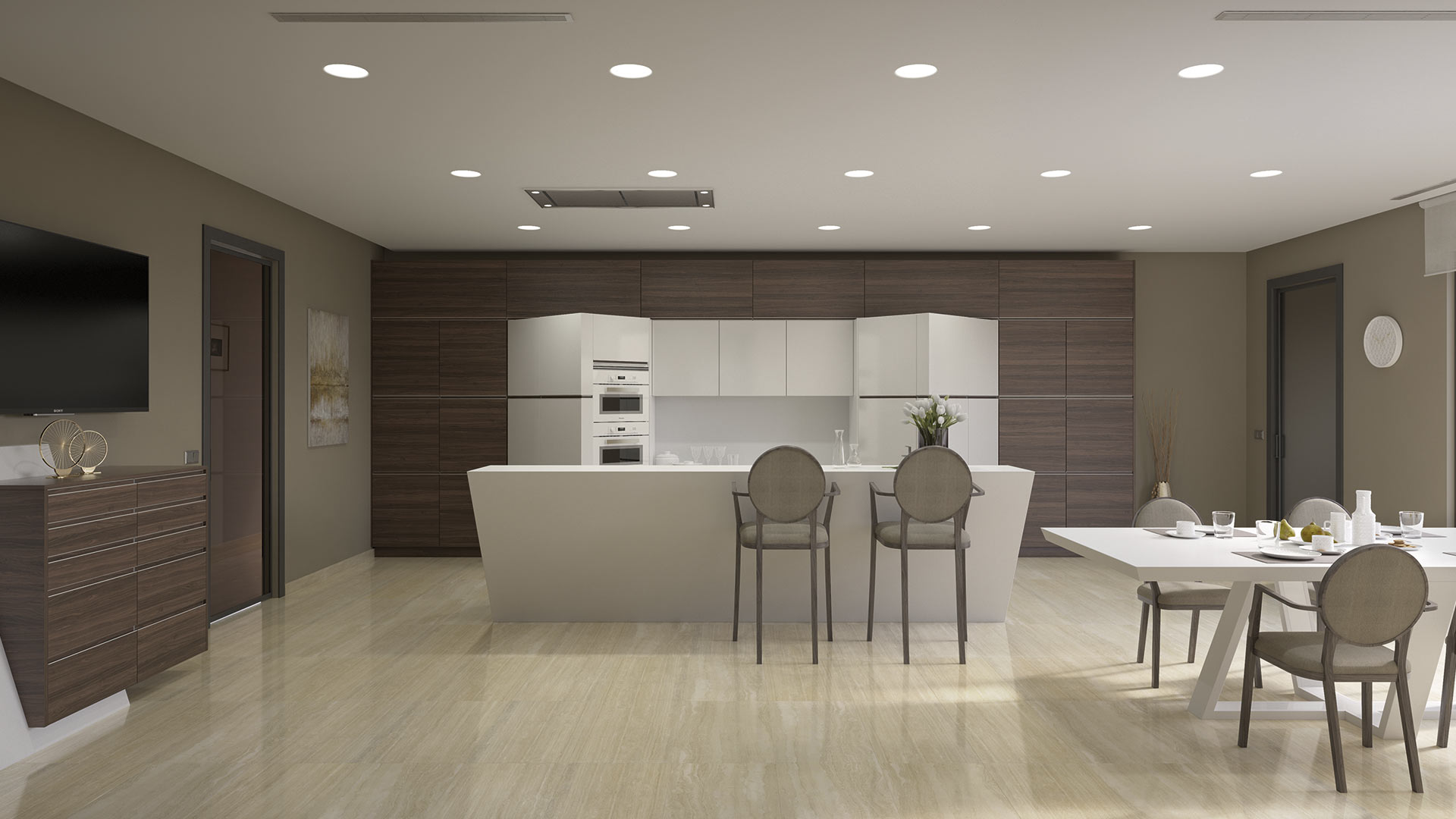 Innovadora cocina con formas geométricas de estilo futurista con mobiliario en color blanco