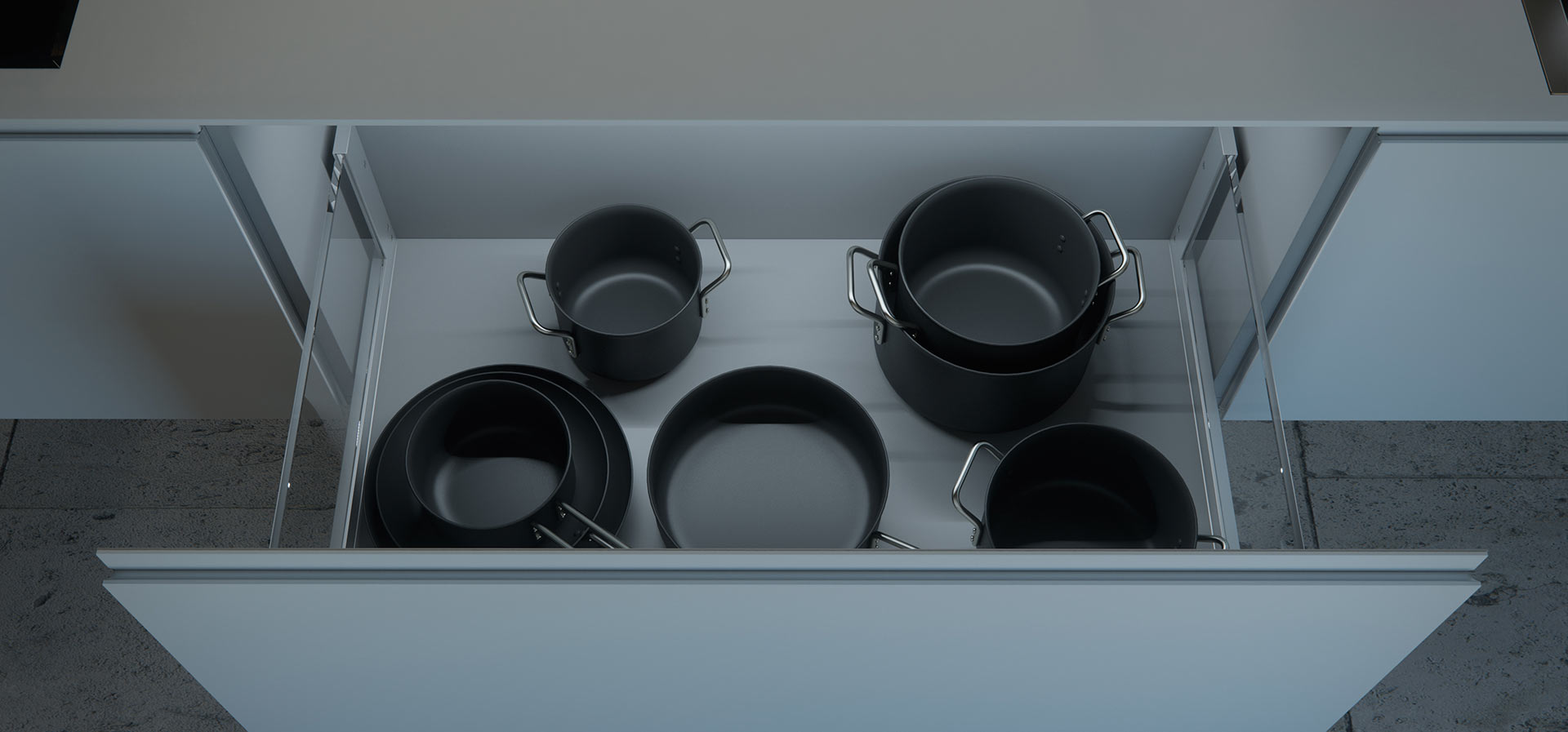 Mueble de diseño para cocina en color blanco abierto con un conjunto de recipientes de color negro en su interior