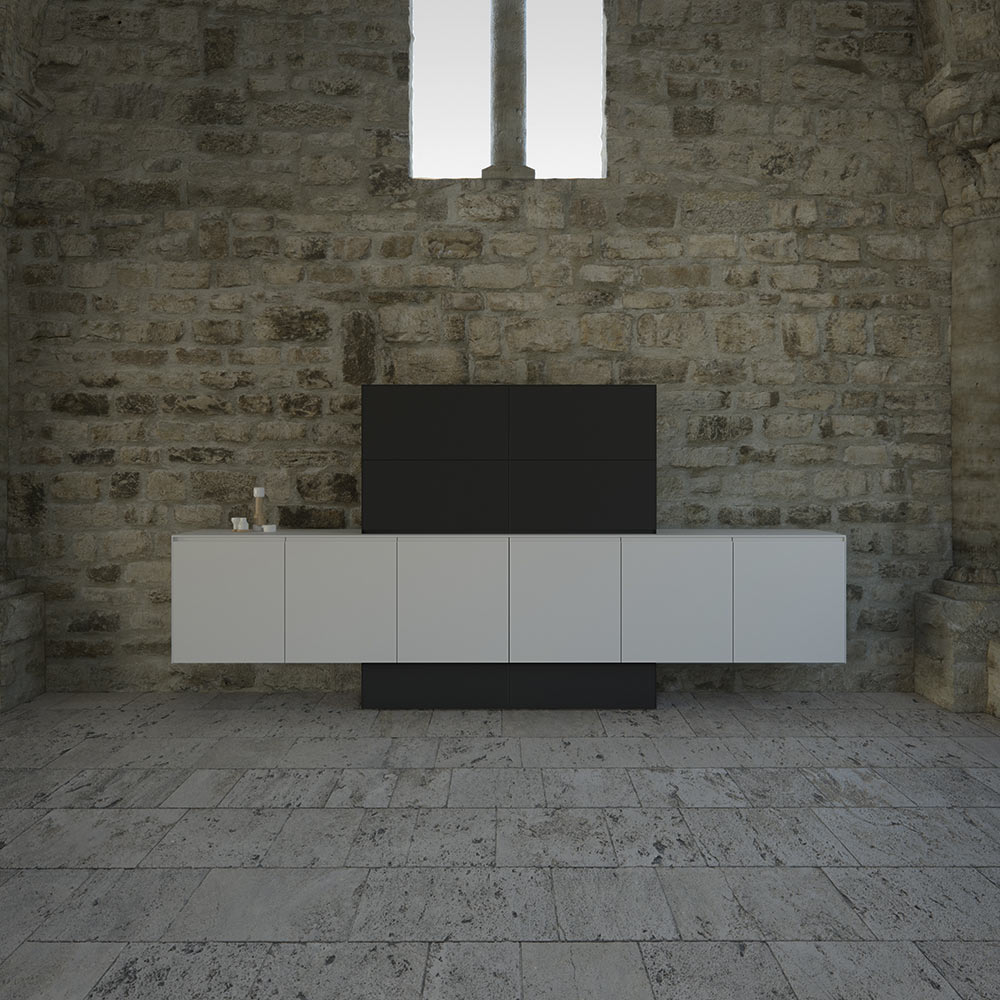 Sofisticado mueble con puertas de color blanco sosteniendo una televisión