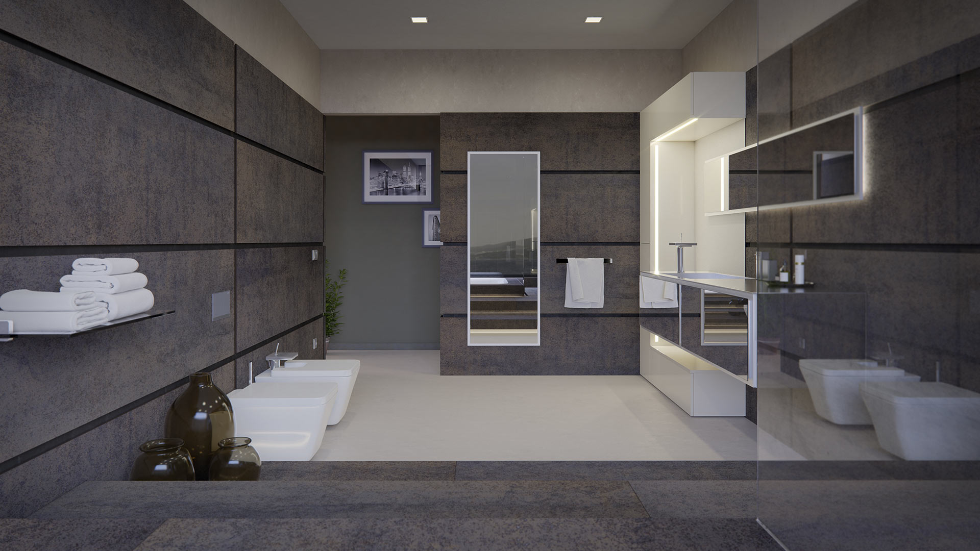 diseño de hogar senssiaOriginality with lines and combination of different materials to create a unique bathroom