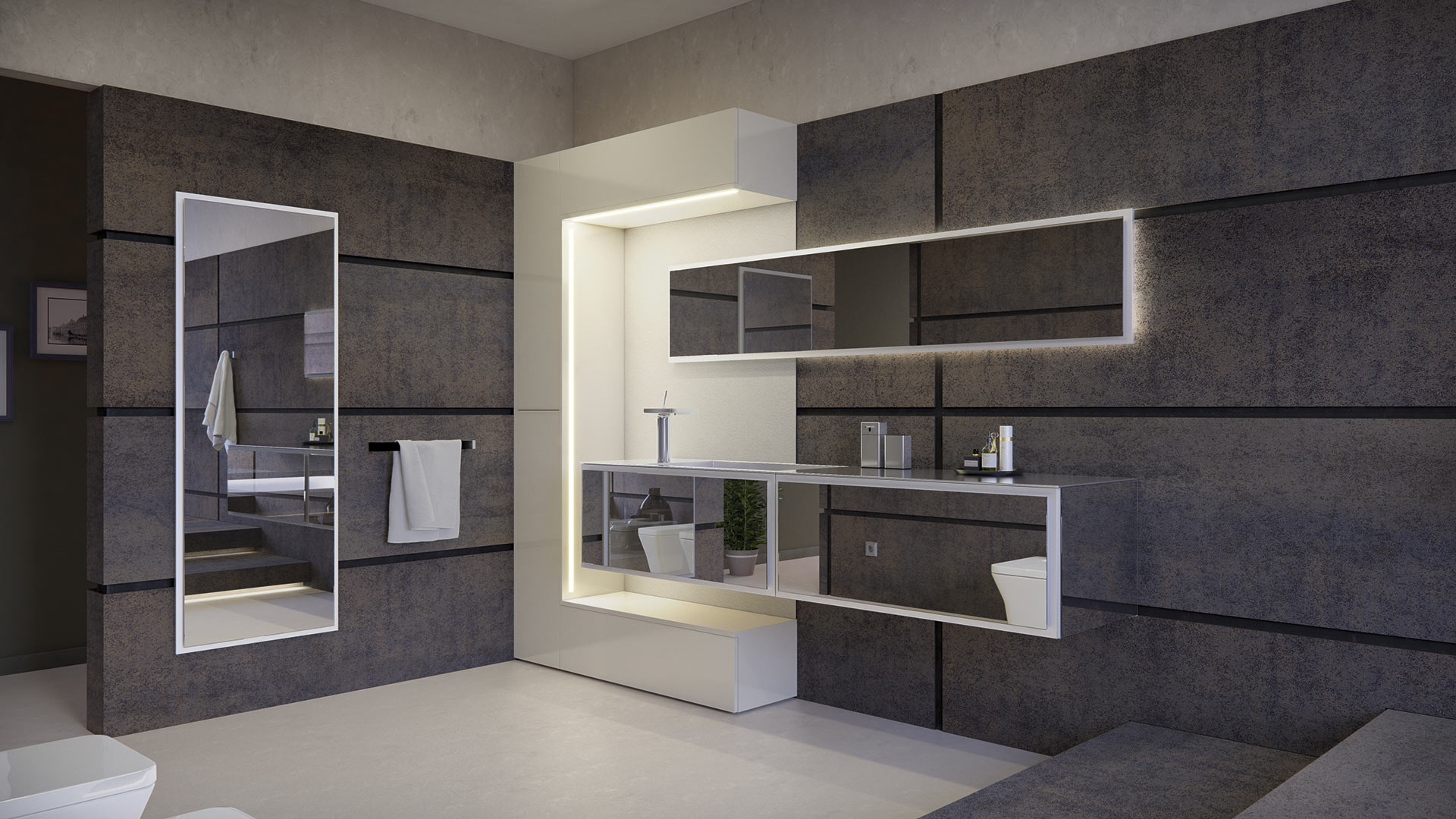 Mobiliario de baño en color blanco que crea una estética minimalista e incorpora iluminación en sus componentes