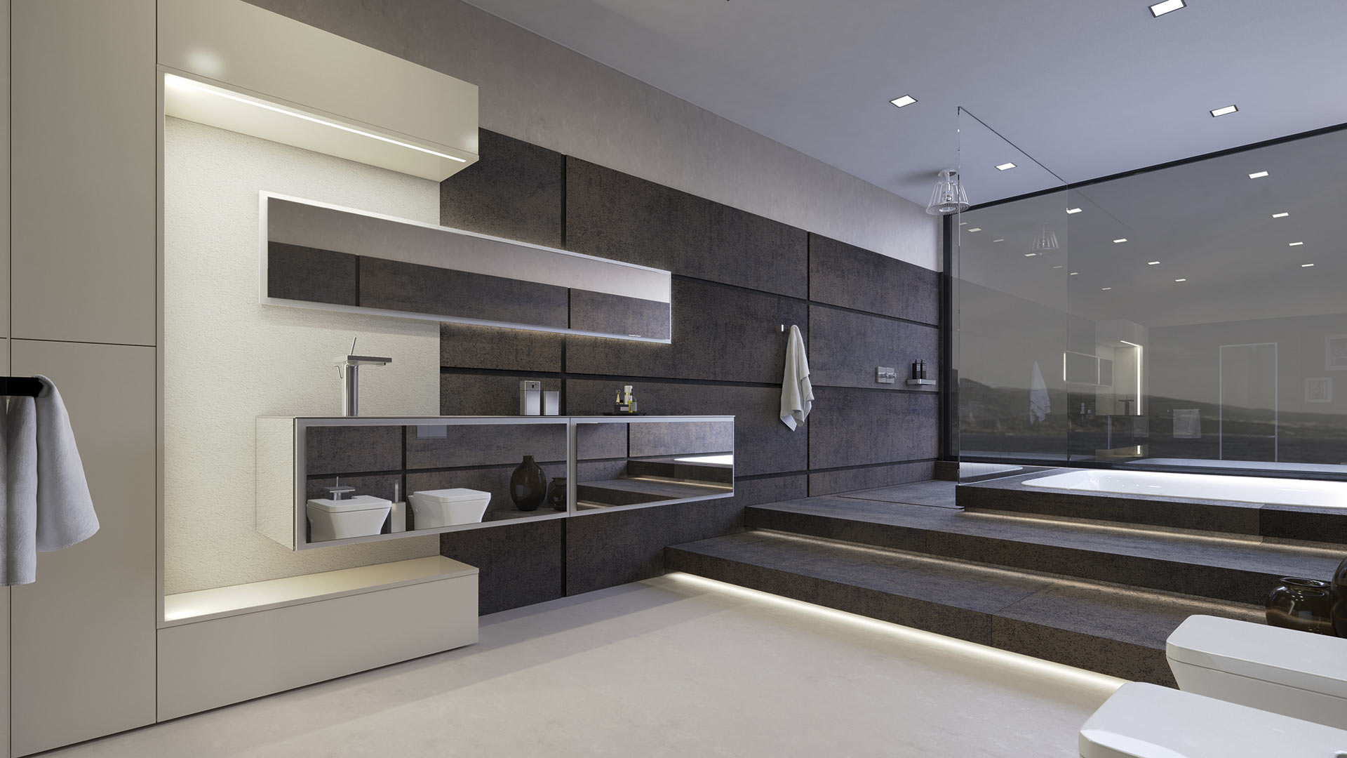 Originality with lines and combination of different materials to create a unique bathroom