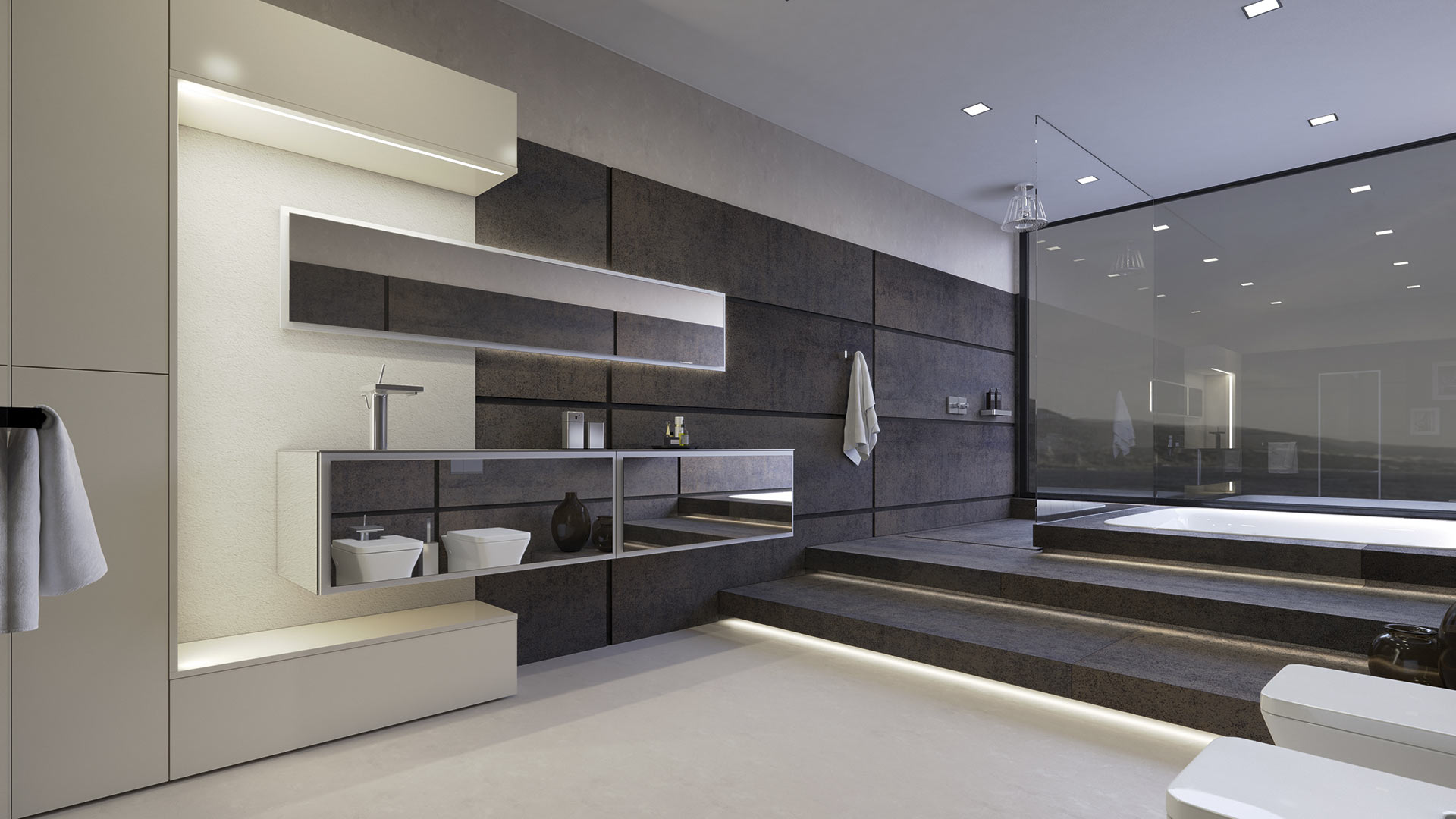 Diseño de baño estético y elegante que te rodea de comodidad y relajación con sus tonos negros y blancos y su tenue iluminación, todo acompañado de sofisticados espejos