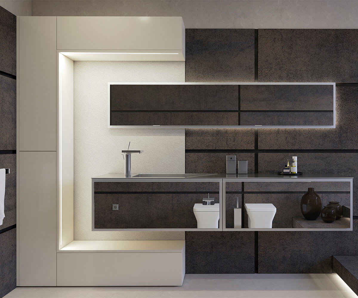 Originality with lines and combination of different materials to create a unique bathroom