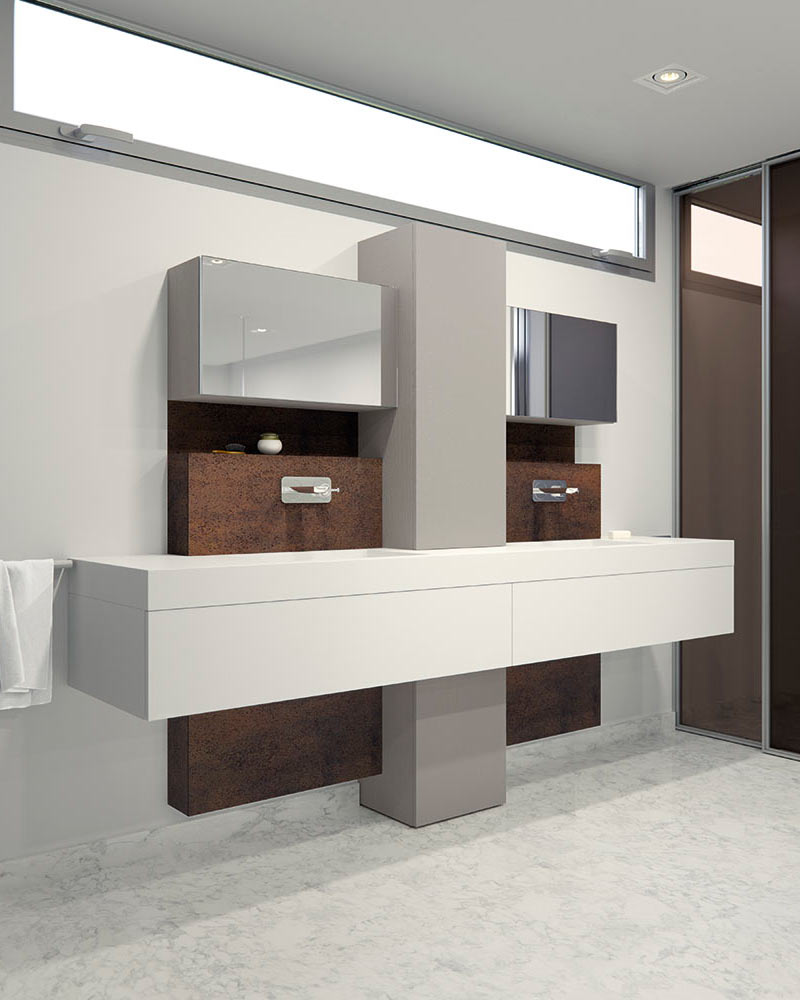 Muebles de baño de diseño similar a un tocador que combinan diversos acabados como el espejo, el poliester blanco mate, la madera y la cerámica