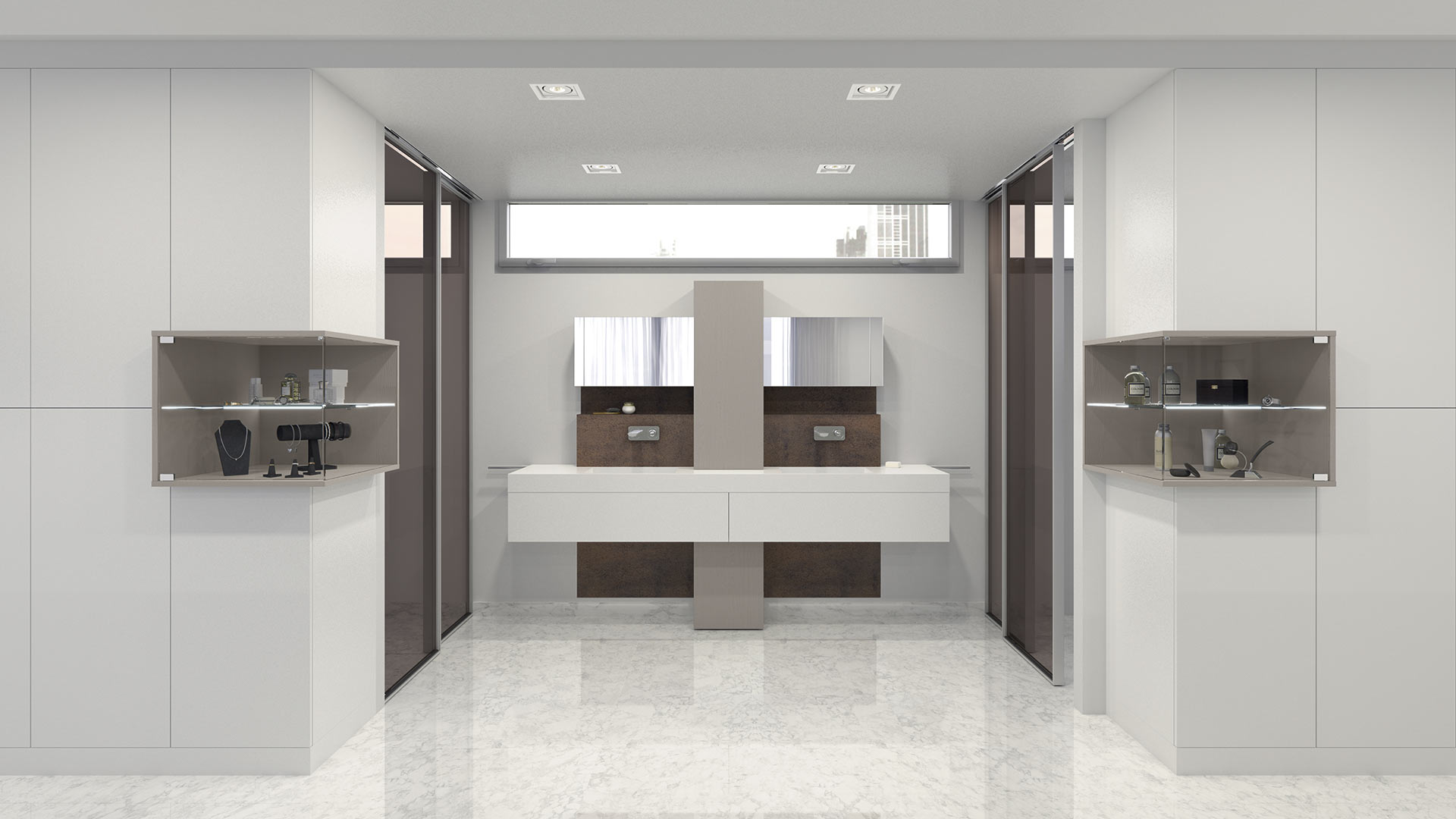 Muebles de baño de diseño similar a un tocador que combinan diversos acabados como el espejo, el poliester blanco mate, la madera y la cerámica
