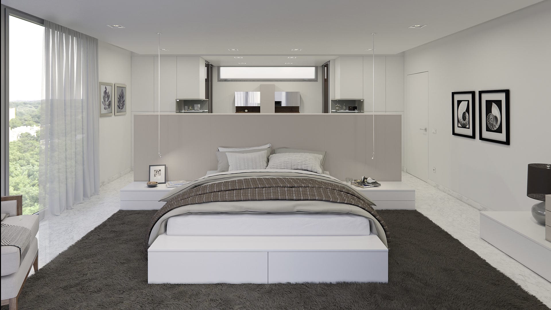 Espacioso y minimalista dormitorio en tonos claros con muebles acabados en poliester blanco mate y vestidor tras la cama de acabado laminado de madera fango