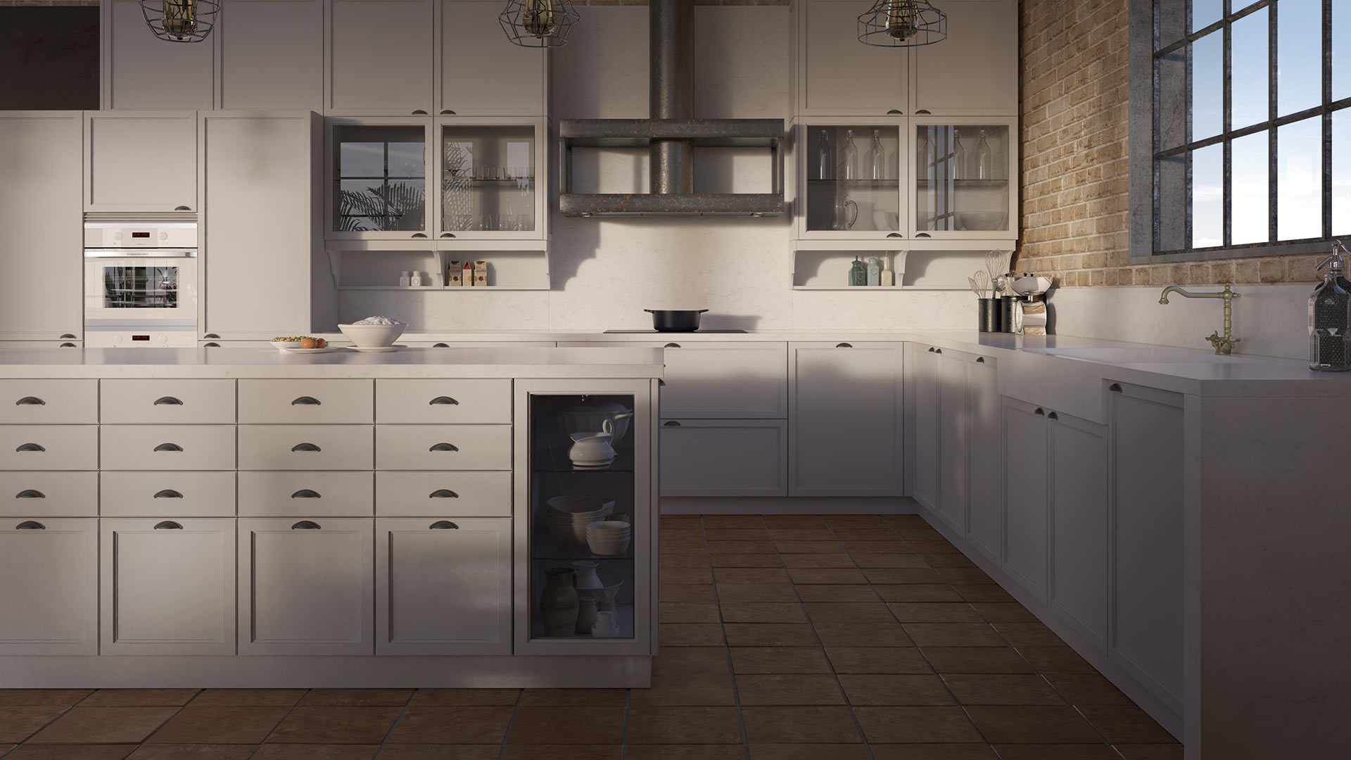 Espaciosa cocina de diseño clásico con mobiliario en color blanco