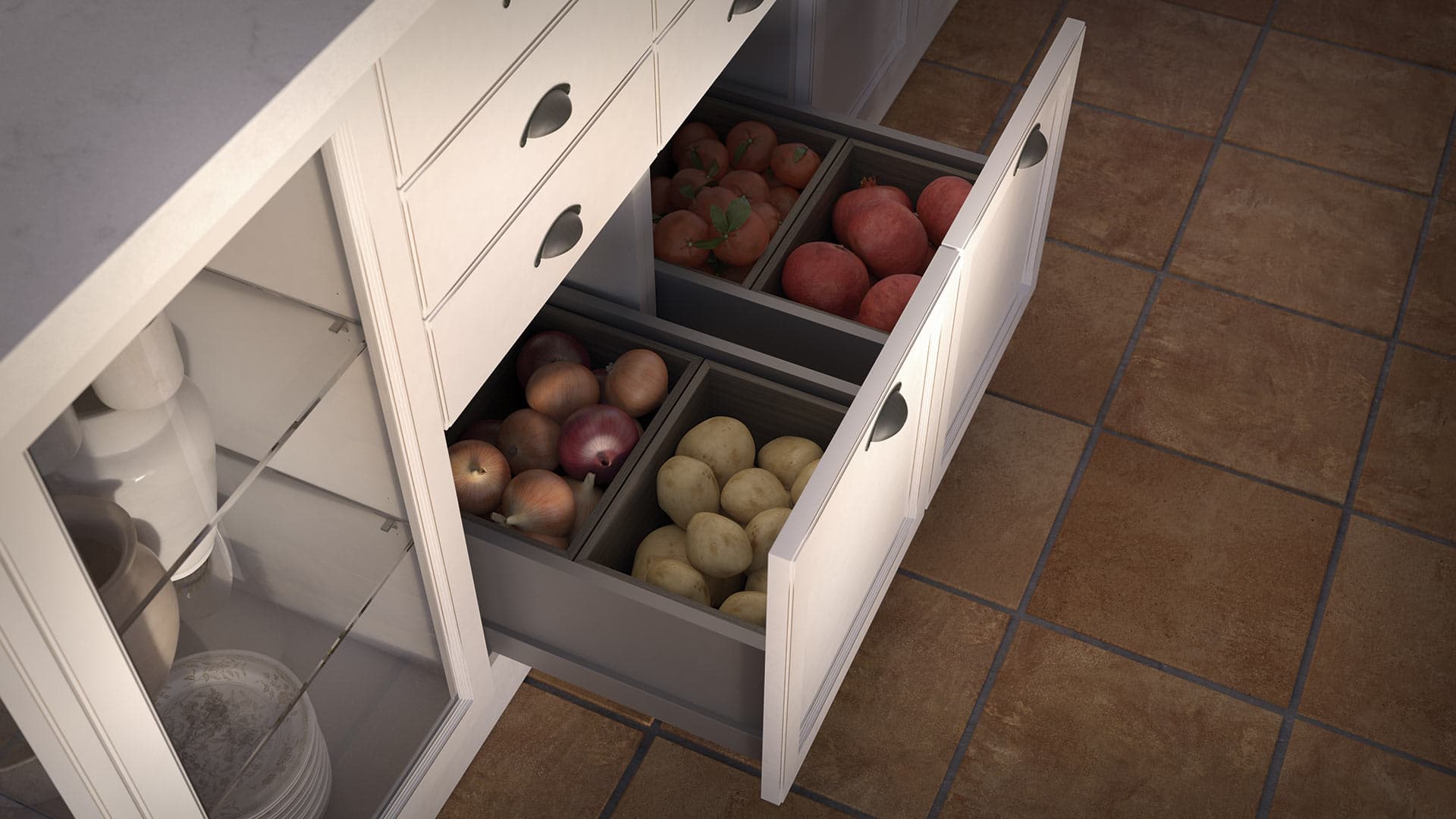 Vista detallada de un cajón de mueble blanco abierto con frutas en su interior