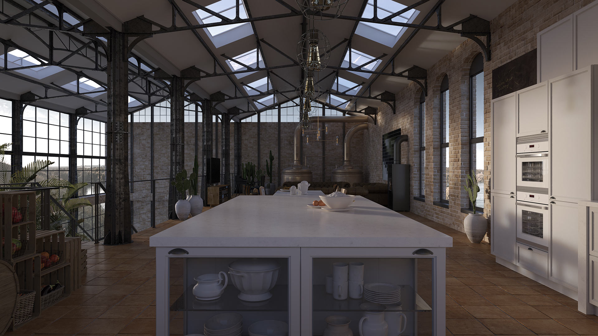 Cocina de diseño clásica y espaciosa con una amplia mesa en el centro y mobiliario a los lados, todo en color blanco