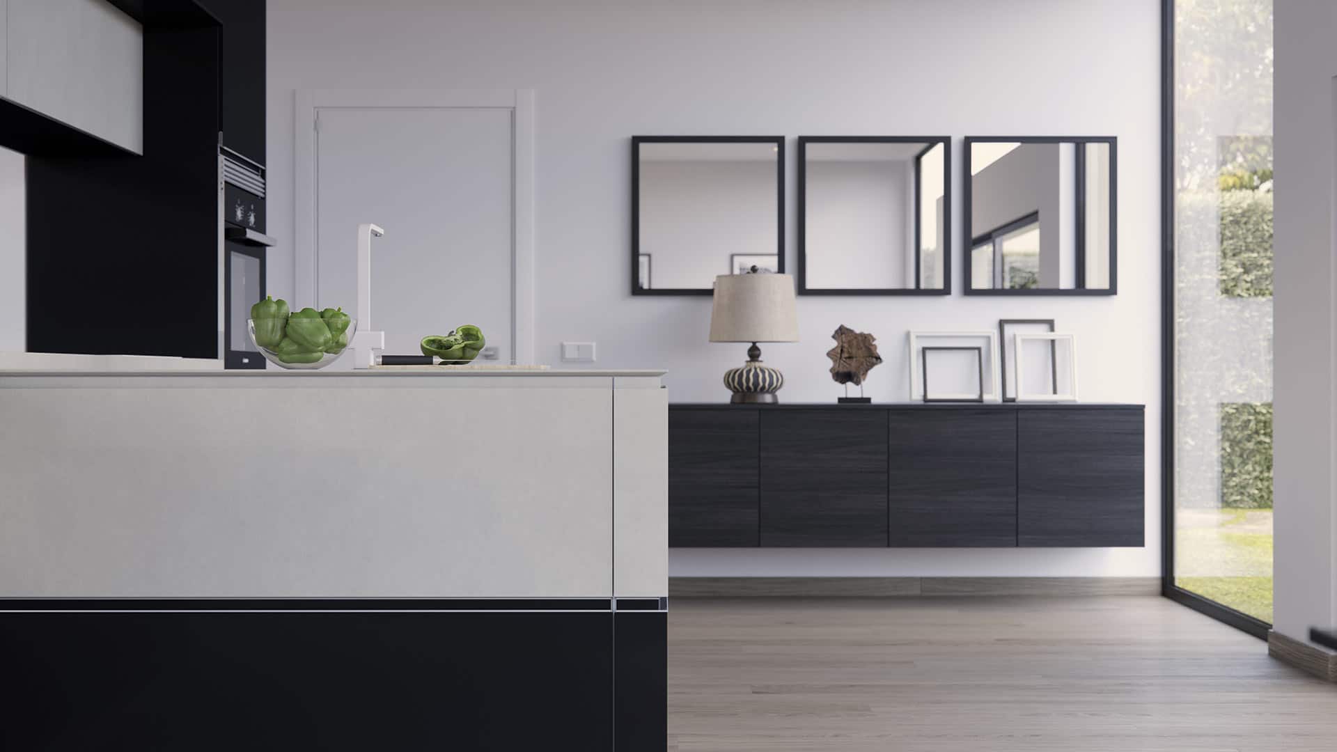 Mueble de diseño de la cocina familia en colores blanco y negro con fregadero y pimientos verdes sobre él a modo de decoración, junto a un mueble de acabado en madera y tres espejos en fila en posición horizontal