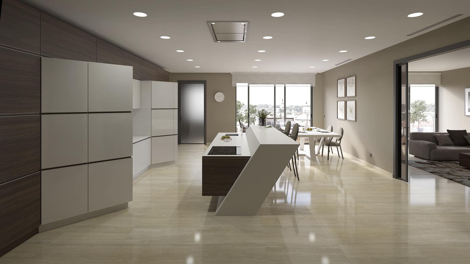Elegante e innovadora cocina con formas geométricas y una isla en color blanco junto a muebles blancos