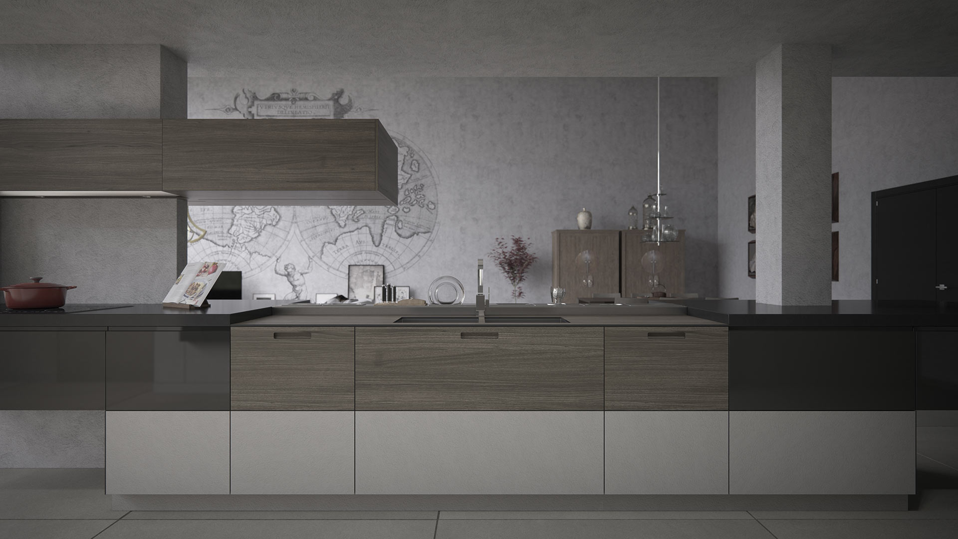 Mobiliario de diseño para la cocina elegante fregadero y puertas acabadas en madera y colores blanco y negro