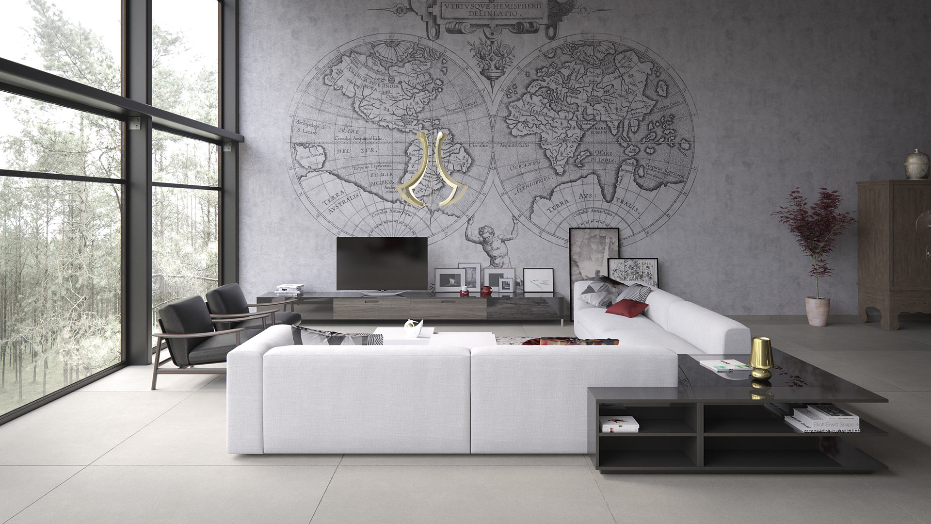 Mobiliario de diseño para salón compuesto por un elegante sofá blanco, una base de televisión de acabado en madera y una mesa complementaria en color negro