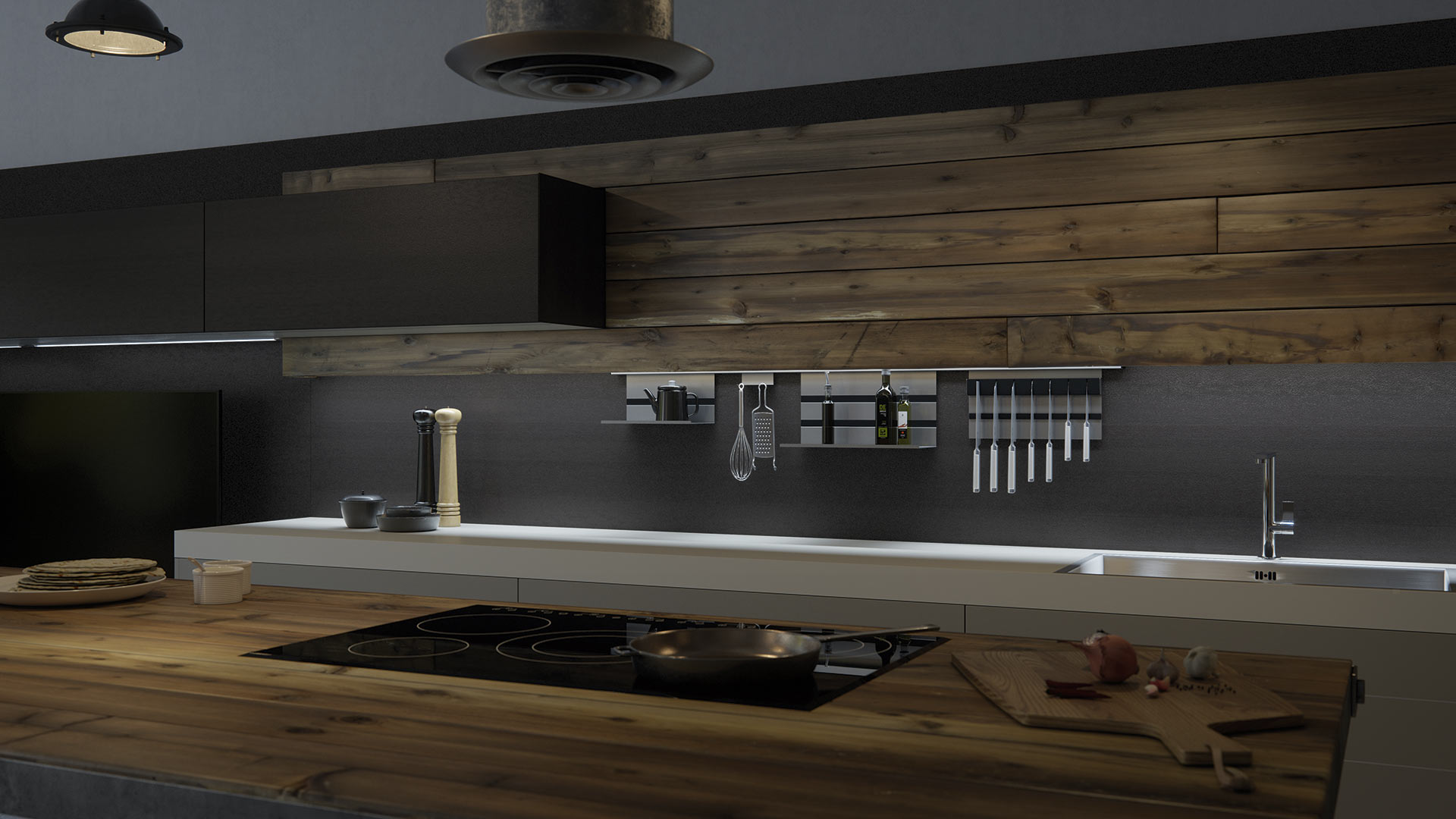 Vista detallada de una vanguardista cocina de acabado en madera con utensilios de cocina como una tabla de cortar o una sartén sobre la vitrocerámica