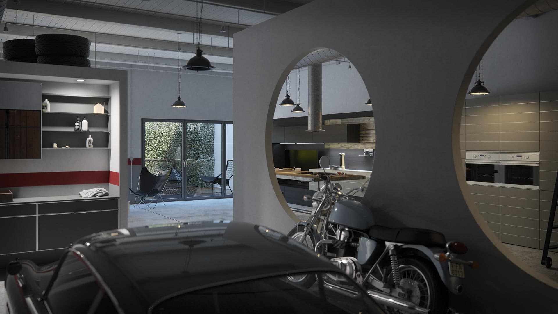 Revolucionaria cocina ambientada en un garaje con muebles de diseño y vehículos en su interior