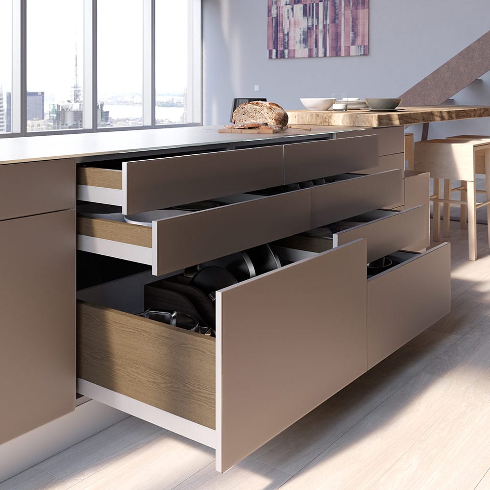 Muebles de diseño para la cocina, cajones cocina elegancia en color marrón y detalles en madera