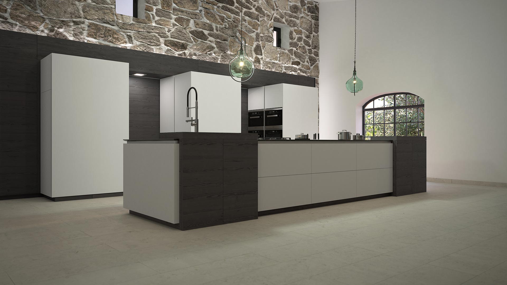 Acogedora cocina con mobiliario en blanco y negro