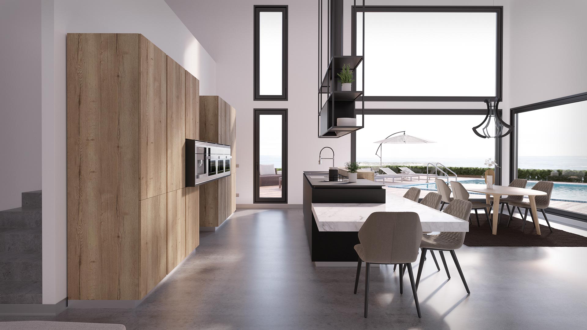 cocina de diseño de senssia, elegantes muebles de cocina en colores blanco negro y madera