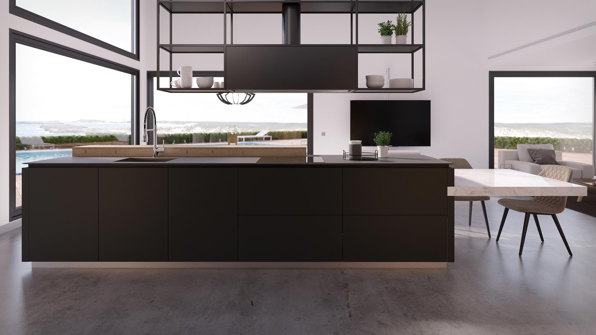 Muebles de cocina minimalistas en una amplia sala con tonos negros, blancos y detalles en madera